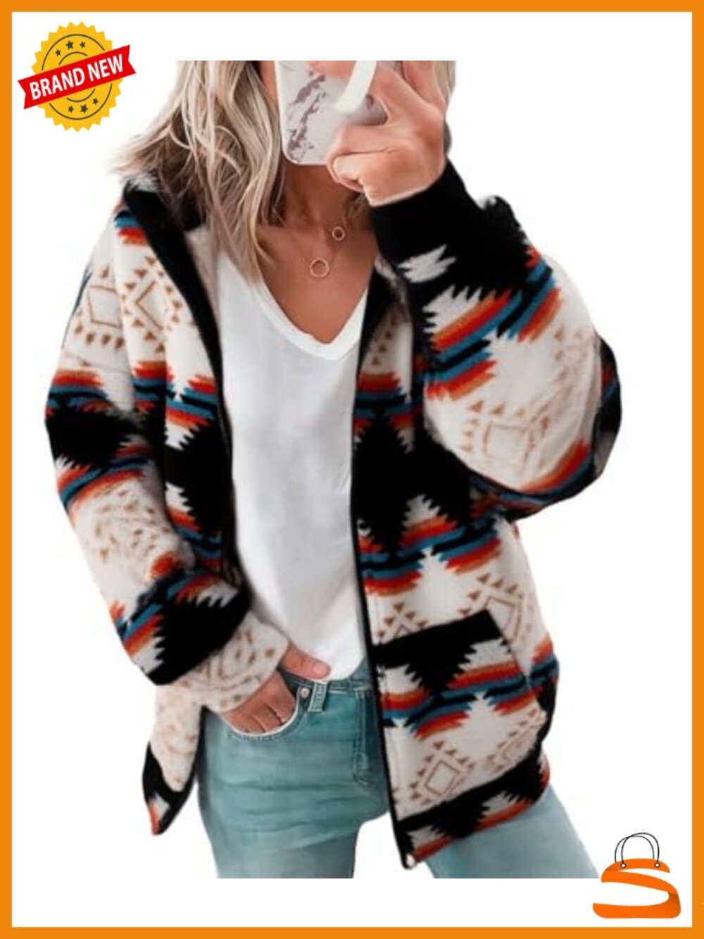 Womens Western Aztec Print Zip Up Hoodie Sherpa Fleece Sweatshirt